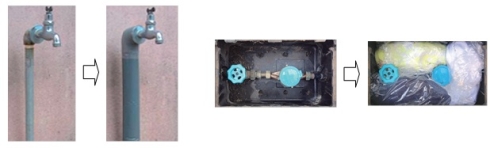 左の写真は露出している水道管に、市販の保温チューブを巻いた様子です。右の写真は水道メーターの周りに砂袋を置き保温している様子です。