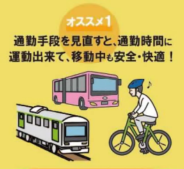 イラスト：通勤手段を見直すと、通勤時間に運動出来て、移動中も安全・快適！