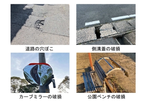 【通報事例写真】道路の穴ぼこ・側溝蓋の破損・カーブミラーの破損・公園ベンチの破損