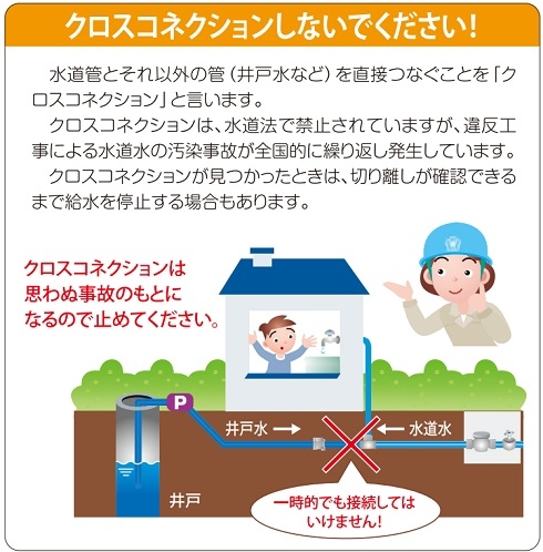 【クロスコネクションのイメージ画像】クロスコネクションをしないでください！水道管とそれ以外の管（井戸水など）を直接つなぐことを「クロスコネクション」と言います。クロスコネクションは、水道法で禁止されていますが、違反工事による水道水の汚染事故が全国的に繰り返し発生しています。クロスコネクションが見つかったときは、切り離しが確認できるまで給水を停止する場合もあります。