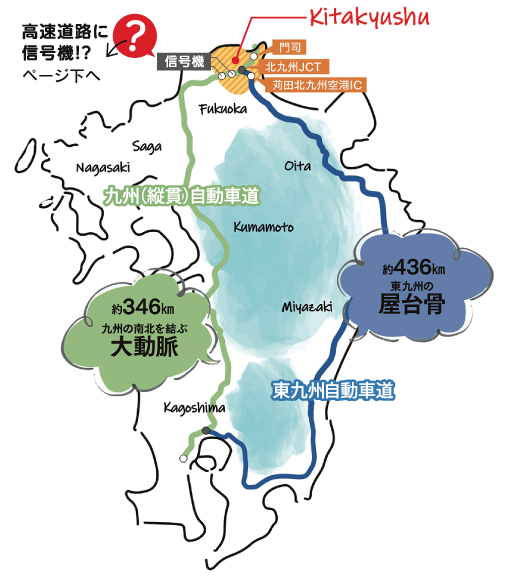 東九州自動車道と九州（縦貫）自動車道の地図イラスト