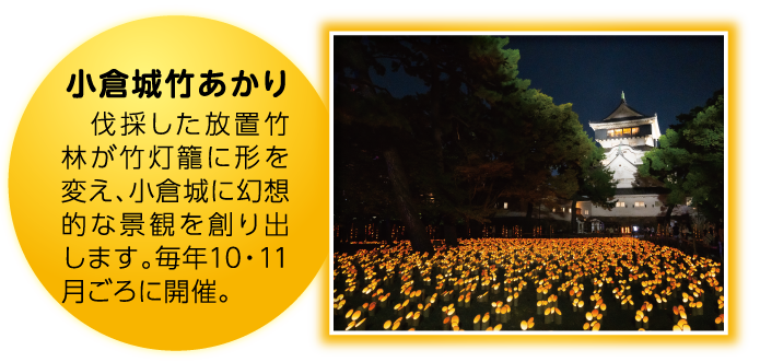 小倉城竹あかり　伐採した放置竹林が竹灯籠に形を変え、小倉城に幻想的な景観を創り出します。毎年10・11月ごろに開催。