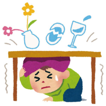 机の下にもぐっているイラスト