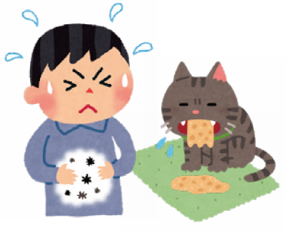 腹痛の男性と嘔吐する猫のイラスト