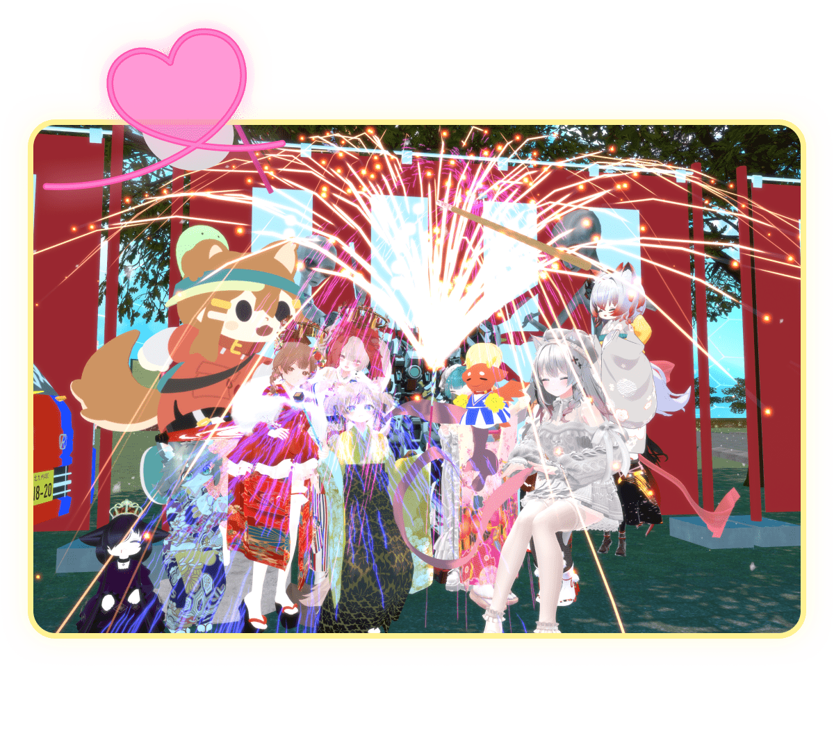 大勢のキャラクターが花火をしている