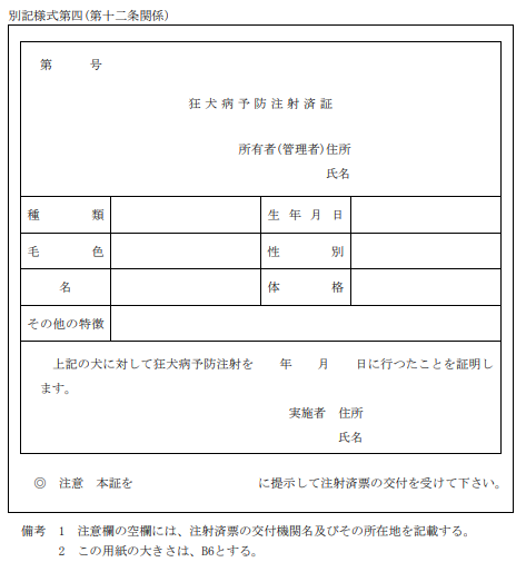 狂犬病予防注射済証（見本）の画像