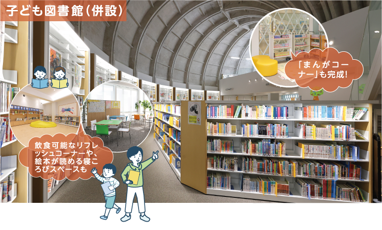 子ども図書館（併設）　飲食可能なリフレッシュコーナーや、絵本が読める寝ころびスペースも　「まんがコーナー」も完成！